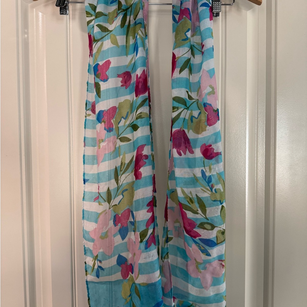 Floral Stripe Lightweight Scarf - Blue & Pink